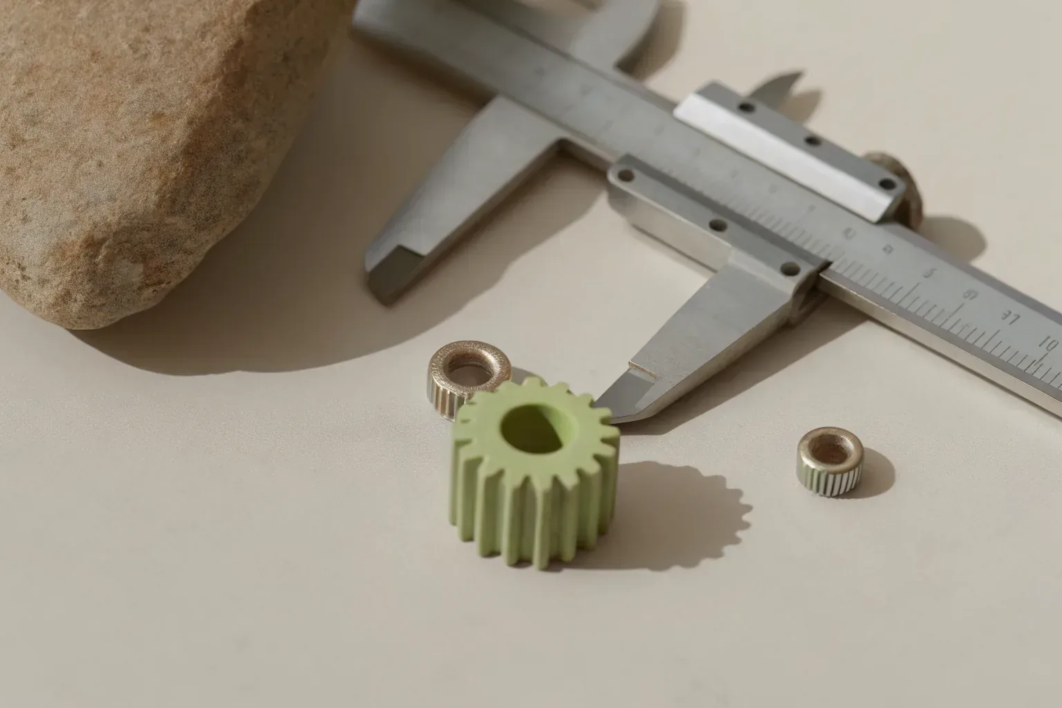 Engineer reviewing CAD drawing with metal parts